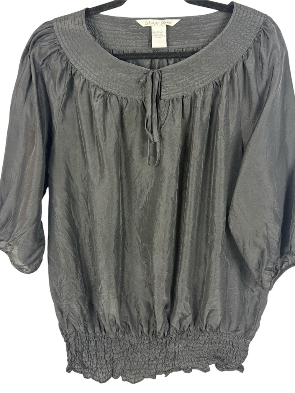 Eduardo Blanco 100% Silk peasant blouse Smocked Waist Black Medium
